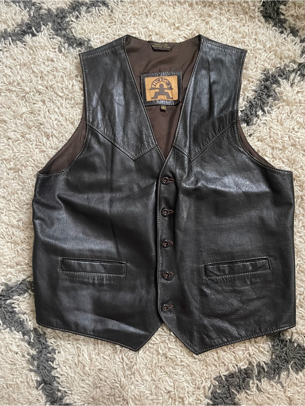 Men's Black Leather Button-Front Vest